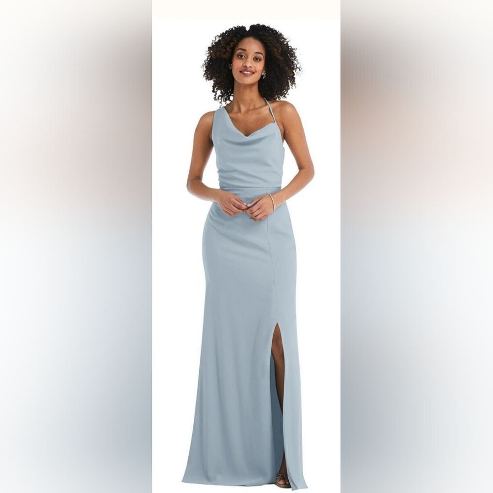 After Six 6849 One-Shoulder Draped Cowl-Neck Dress NWOT size 2 Mist Blue